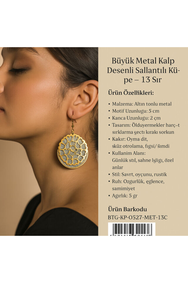 Büyük Metal Kalp Desenli Sallantılı Küpe – 13 Sır