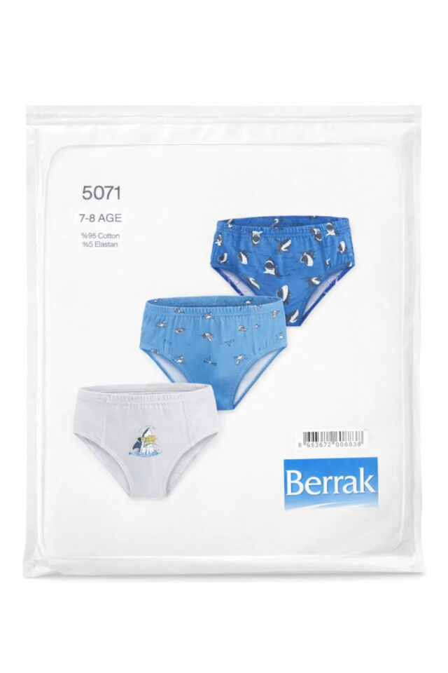 Erkek Çocuk Slip Külot 3'lü Paket Pamuklu Köpek Balığı Desenli