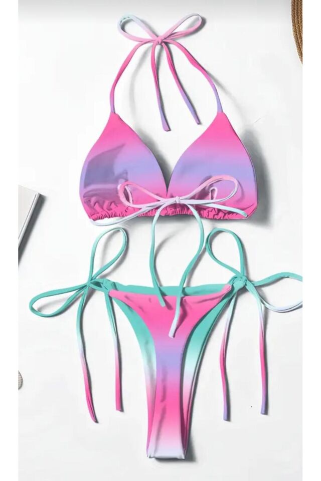 Ombre Baskılı Kadın Bikini Takımı Yan Bağlamalı Yüksek Kesim Alt, Esnek Polyester/Elastan Karışımı
